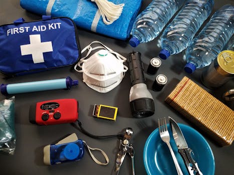 Flat lay of essential emergency survival kit items including first aid and water bottles.